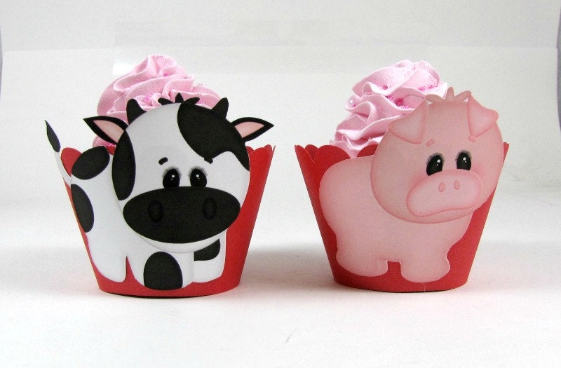 Animal Cupcake Wrappers Cow and Pig Cupcake Wrappers First Birthday Party Cupcake Holder Baby Shower Decor Second Birthday