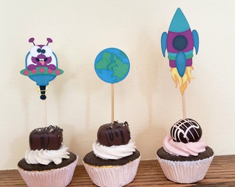 Space Cupcake Toppers, Set of 12 Space Cupcake Toppers, Rocket Cupcake Toppers, Alien Cupcake Toppers