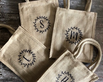 Wedding Party- 6 Bridesmaid Personal Jute  Burlap Totes with Monogram initial or your design