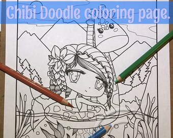 Chibi Doodle Fantasy Giraffe Mermaid Anime Manga Coloring Page for Adult Coloring PDF download by JennyLuanArt