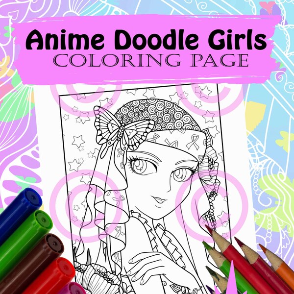 Anime Doodle Girl Coloring Page for Adult Coloring Survivor Ribbons girl in Tangle style