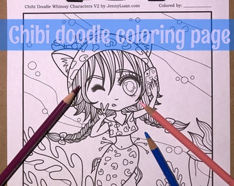 Chibi Selfie mermaid Doodle Anime Manga Coloring Page for Adult Coloring PDF download by JennyLuanArt