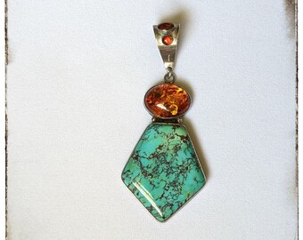 Vintage Turquoise Baltic Amber Sterling Silver Pendant Troutman Native American