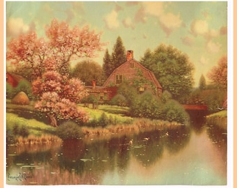 George Drew Calendar Art Print, CA. 1940. "Springtime Cabin" Country Landscape