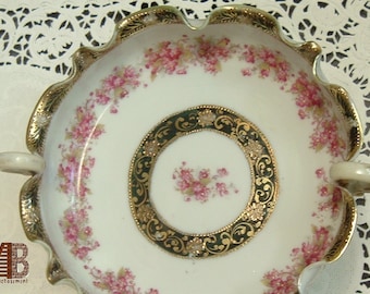 Porcelain Ruffled Handled Bowl Pink Floral Black Gold Hand Painted Jeweled Decorative Serving