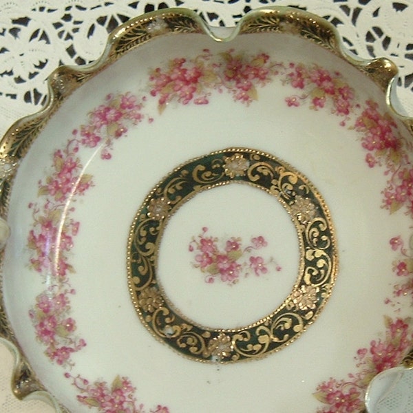 Porcelain Ruffled Handled Bowl Pink Floral Black Gold Hand Painted Jeweled Decorative Serving