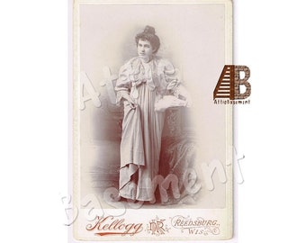 Antique Cabinet Card Boudoir Studio Portrait Young Lady Full Length Kellogg Gallery  Embossed epsteam