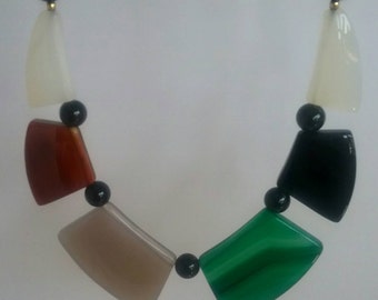 Vintage Geometric Modernist Polished Stone Beaded Necklace Statement Natural