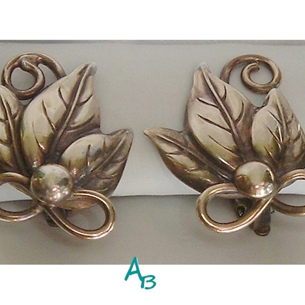 Arts and Crafts Silver Repousse Leaf Cluster Earrings Sterling Clips 12K Gold