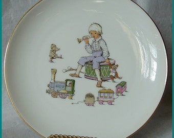 Collectible Plate Child with Toys Vintage Bavarian Porcelain Decorative Plate - 10 inch Train Horn Bear