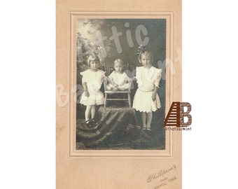 Antique Studio Portrait Children  Family - Two Sisters Brother Lace Dresses Texas Edwardian epsteam