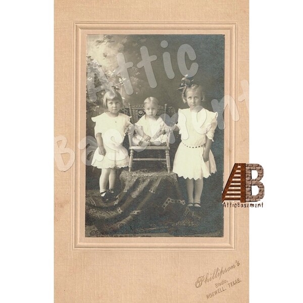 Antique Studio Portrait Children  Family - Two Sisters Brother Lace Dresses Texas Edwardian epsteam