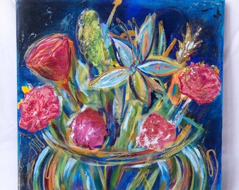 Acrylic Flowers Vase Painting - original painting on canvas, colorful vase of flowers, painting