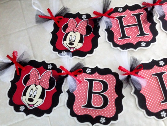 Minnie Mouse Party Decorations Red Black White Minnie Mouse Banner Personalized Minnie Mouse Banner Red White Polka Dots Black White