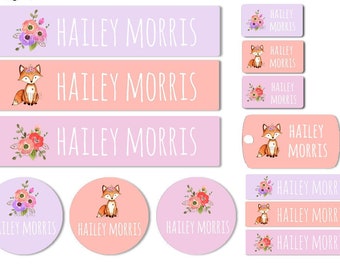 Waterproof Name Labels, Daycare Labels, Baby Bottle Labels, Girl Labels, Clothing Labels, School Labels, Kids Name Labels, Floral Fox Labels