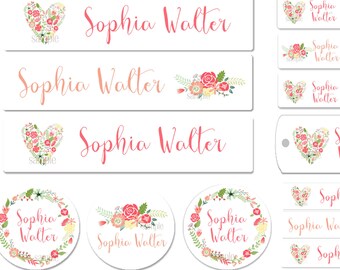 Floral Heart Waterproof Name Labels School Labels Girl Labels Clothing Labels Daycare Labels Kids Labels Waterproof Labels Wreath Name Label