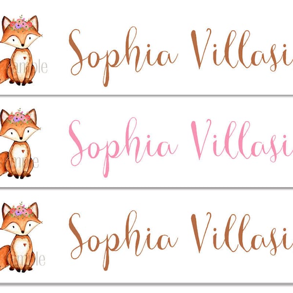 Floral Fox Waterproof Name Labels School Name Labels Girl Labels Clothing Labels Daycare Labels Kids Labels Sippy Cup Labels Dishwasher Safe