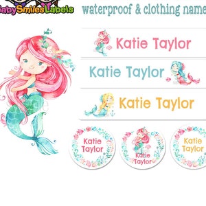 May include: Waterproof and clothing name labels featuring a mermaid design with pink hair and a green tail. The labels say "Katie Taylor" and are available in different sizes and packs.