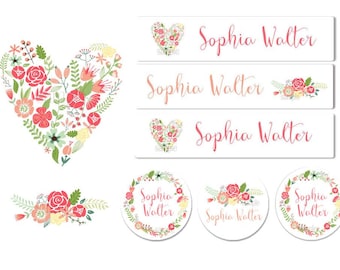Floral Heart Waterproof Name Labels School Name Labels Girl Labels Clothing Labels Daycare Name Labels Kids Labels Waterproof Labels Bottle