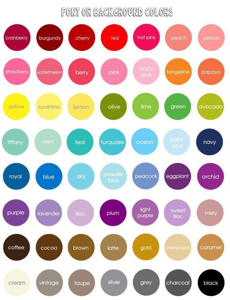 May include: A chart of 60 color swatches with names for each color. The colors are arranged in rows and columns, with the names of the colors printed below each swatch.
