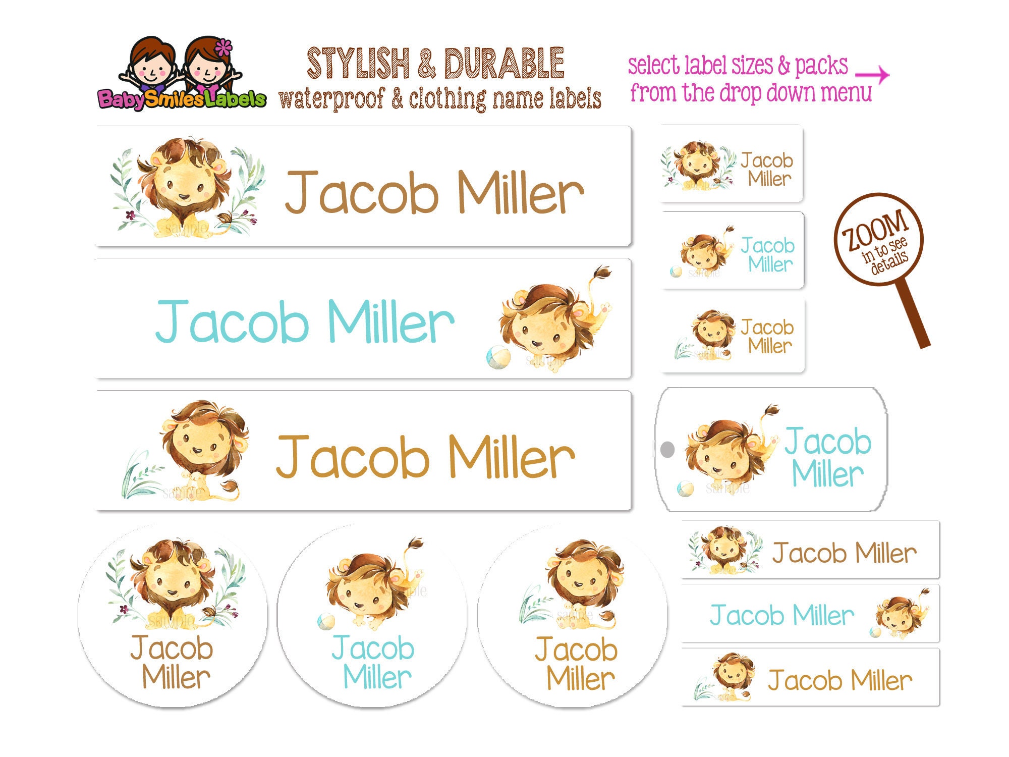Waterproof Labels Baby Lion Shaped Custom Name Labels Daycare Name