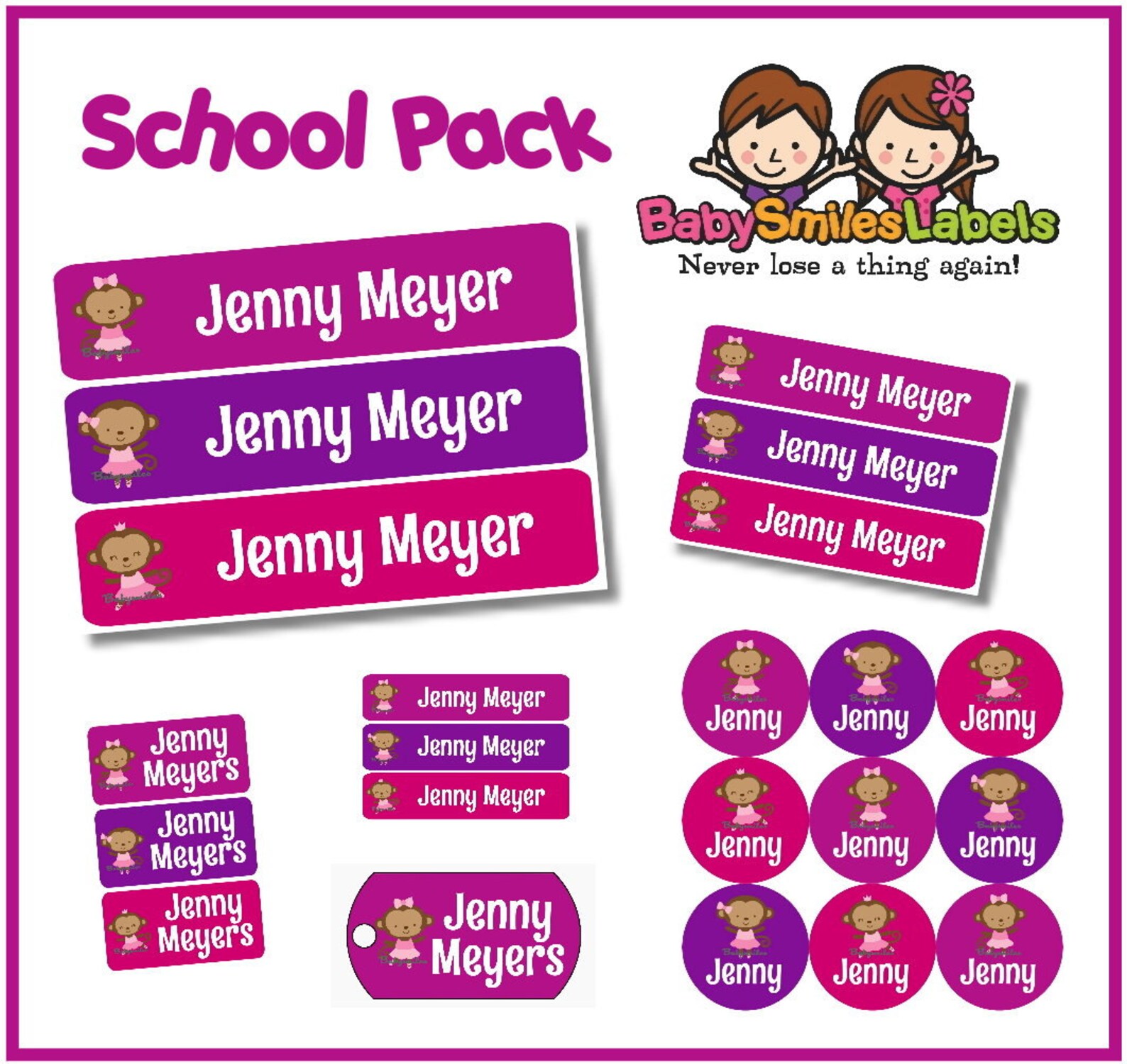 school pack - personalized waterproof labels shoe labels clothing tag labels bag tags daycare labels name labels - monkey ballet