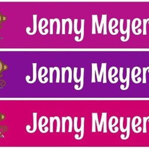 May include: Three pink and purple labels with a cartoon ballerina monkey and the name "Jenny Meyer" printed in white.