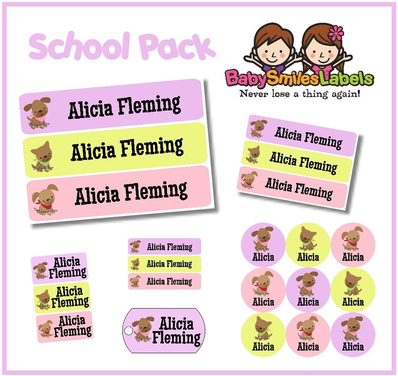 School Pack Cute Puppy Girl Personalized Waterproof Labels Shoe Labels Clothing Tag Labels Bag Tags Daycare Labels Name Labels