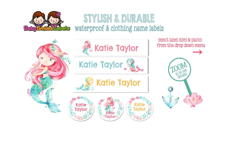 May include: Waterproof and clothing name labels featuring a mermaid design with pink hair and a green tail. The labels say "Katie Taylor" and are available in different sizes and packs.
