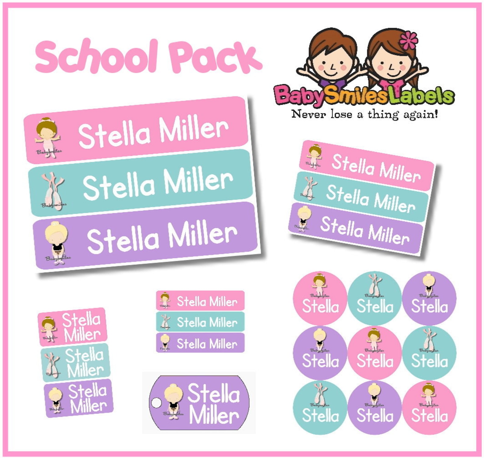school pack - personalized waterproof labels shoe labels clothing tag labels bag tags daycare labels name labels - sweet ballet