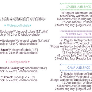 May include: A chart showing different label sizes and quantities available for waterproof and clothing labels. The chart includes label sizes, dimensions, and pack sizes. The chart also includes three label pack options: Starter, School, and Camp.