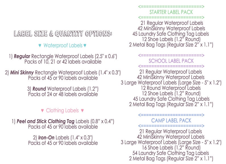 May include: A chart showing different label sizes and quantities available for waterproof and clothing labels. The chart includes label sizes, dimensions, and pack sizes. The chart also includes three label pack options: Starter, School, and Camp.