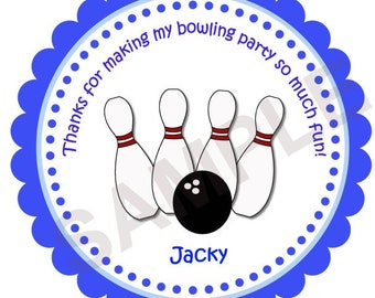 May include: Blue and white round favor tag with a bowling theme. It says "Thanks for making my bowling party so much fun!" and "Jacky".