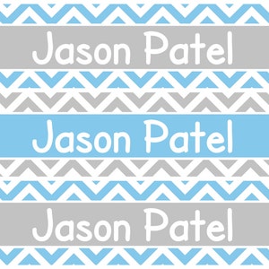 Personalized Waterproof Labels Waterproof Stickers Name Label Dishwasher Safe Daycare Label School Label - Blue and Grey Chevron