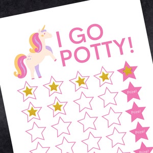 May include: A pink and white unicorn with a gold horn and a pink mane and tail. The unicorn is standing on a white background with the text "I GO POTTY!" in pink letters. There are 20 pink stars with gold stars in the center. The stars are arranged in rows of four. The bottom row has the word "Prize!" in pink letters under each star.