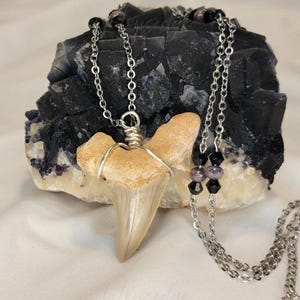 May include: A necklace featuring a tan shark tooth pendant wrapped in silver-toned wire. The chain is made of silver-toned metal links accented with small, faceted black beads and translucent, iridescent purple beads spaced along the chain.