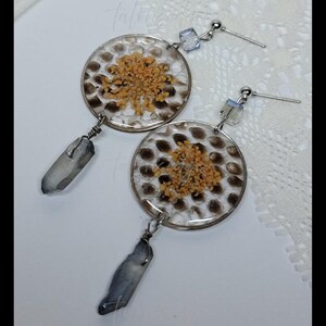 Carpet Python Snake Shed Earrings – Pressed Flowers, Quartz Dangle Jewelry