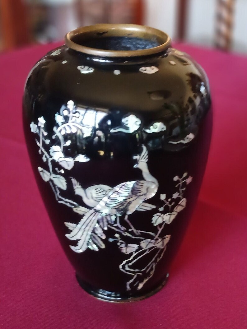 Asian Black Lacquer Vase With Mother of Pearl Inlay Peacock Etsy