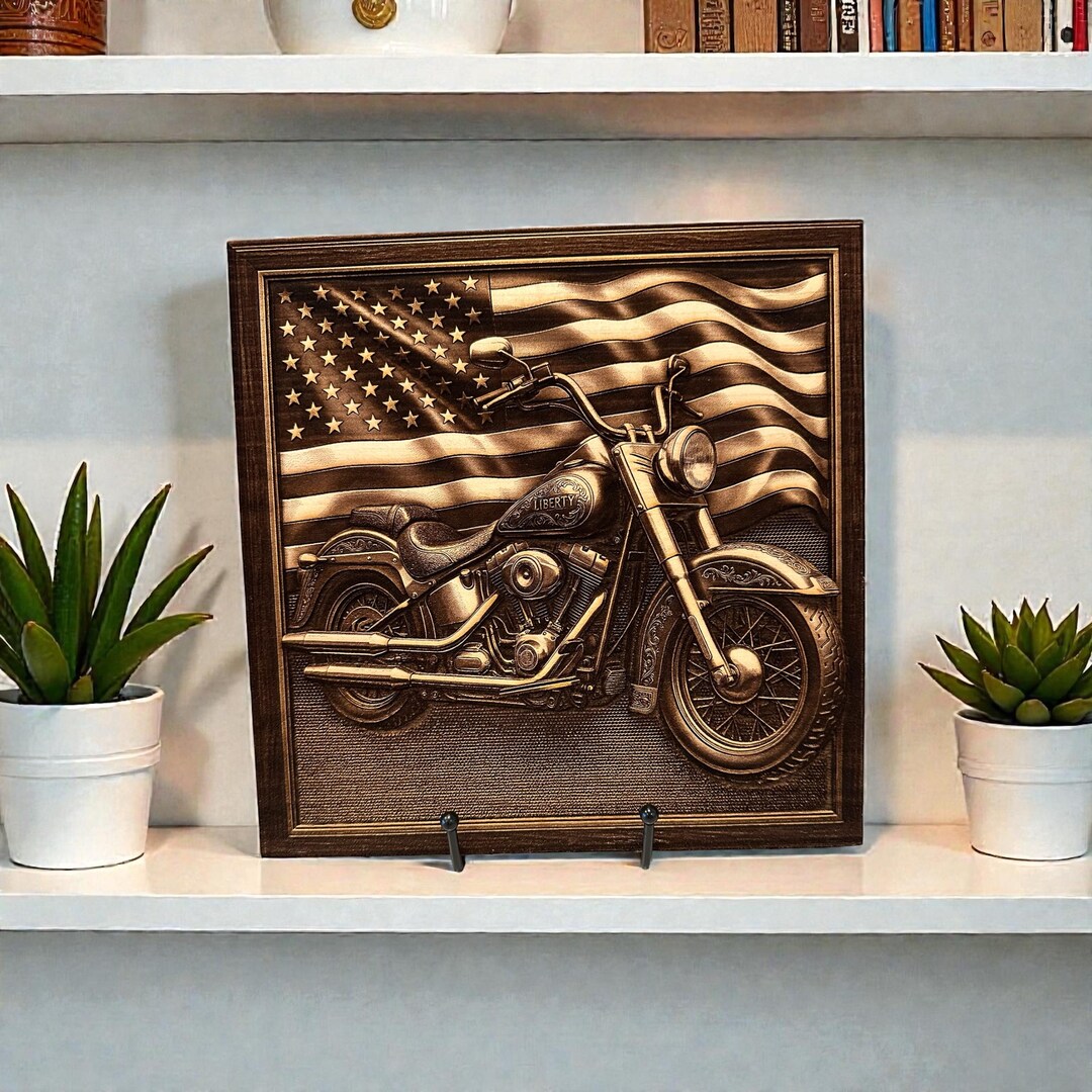 Laser Engraved Wooden Motorcycle With Flag Sign/home Decor - Etsy