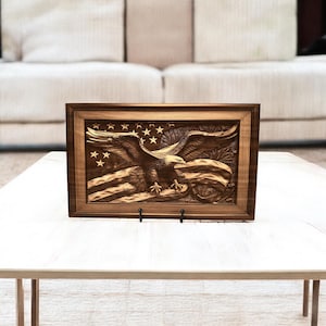 Laser Engraved Maple Wood Eagle & American Flag Art Plaque