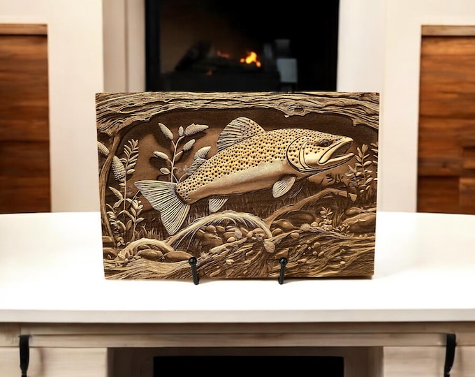 Laser Engraved "Trout Fish" wooden art/ sign/plaque, Fish Scene, Fly Fishing, Gift, Home Decor, Nature, Fishing, Fisherman, USA