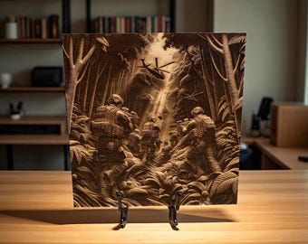 Laser Engraved wooden Military Jungle Scene: Wood Artwork, Veteran Gift