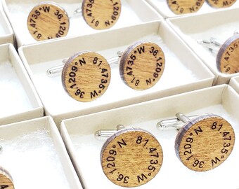 GPS Coordinates Custom Cufflinks in wood, Personalized Wedding Day Gift for Grooms and Groomsmen from Bride - wooden cufflinks