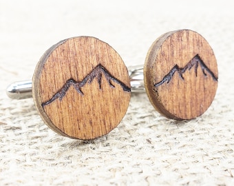 Berg Manschettenknöpfe Holz Manschettenknöpfe mit Bergen für Outdoorsy Jungs, kleines Geschenk für Männer, die gerne wandern, Holz Manschettenknöpfe Mountain Man