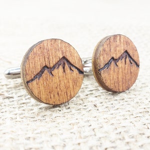 Mountain Cufflinks Wood Cuff Links with Mountains for Outdoorsy Guys, Small Gift for Men Who Like Hiking, Wooden Cufflinks Mountain Man image 1