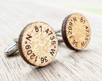 Engraved Wood Cufflinks with GPS Coordinates Longitude and Latitude Coordinate Cufflinks Groomsmen Gift for Groom Personalized Wood Wedding