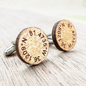 Engraved Wood Cufflinks with GPS Coordinates Longitude and Latitude Coordinate Cufflinks Groomsmen Gift for Groom Personalized Wood Wedding