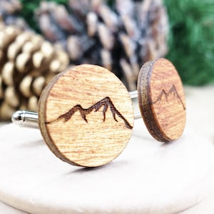 Mountain Cufflinks Wood Cuff Links with Mountains for Outdoorsy Guys, Small Gift for Men Who Like Hiking, Wooden Cufflinks Mountain Man image 2
