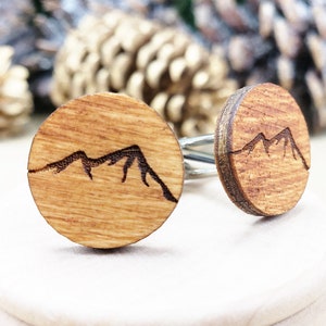 Mountain Cufflinks, Wood Cuff Links with Mountains for Outdoorsy Guys, Small Gift for Men Who Like Hiking, Wooden Mountain Man