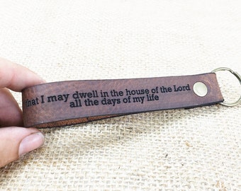 Custom Leather Keychain, Personalized Bible Verse, Permanent Engraved Front Side and Back Side. Anniversary Gift. Made in America.